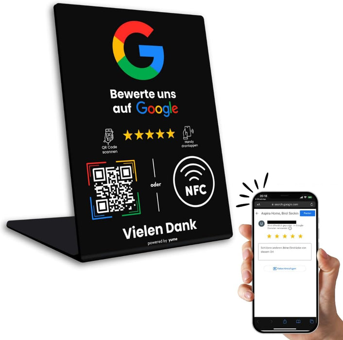 Google Bewertungsständer mit NFC & QR-Code – wir richten ihn für Sie ein