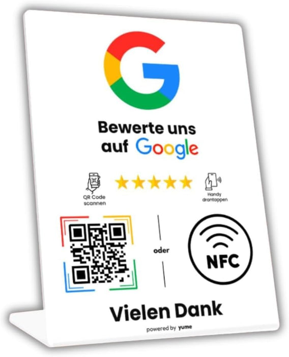 Google Bewertungsständer mit NFC & QR-Code – wir richten ihn für Sie ein