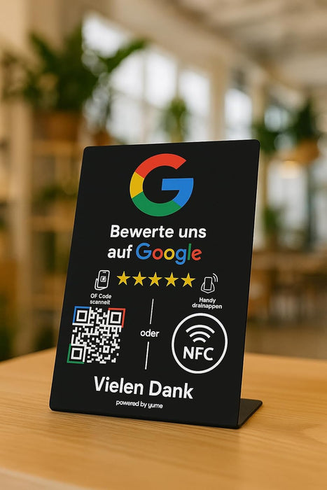 Google Bewertungsständer mit NFC & QR-Code – wir richten ihn für Sie ein