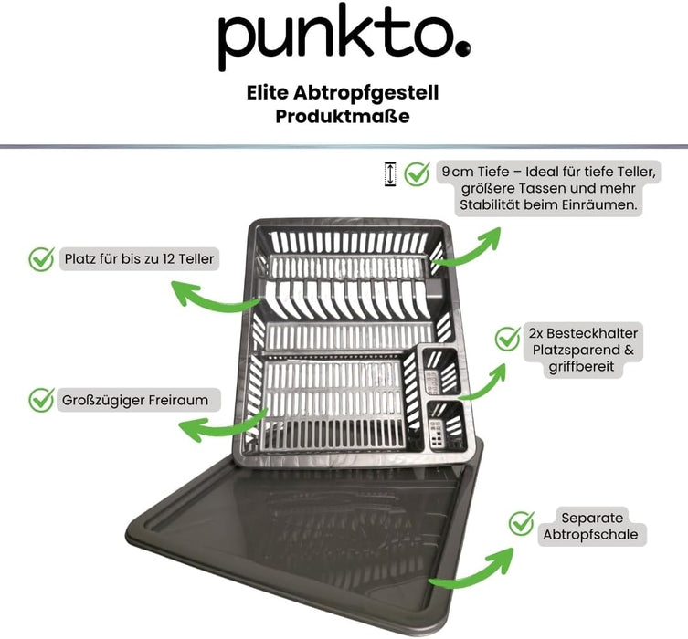 punkto. Elite Abtropfgestell mit Abtropfschale, 46x38x9 cm, BPA-frei & spülmaschinenfest – Grau
