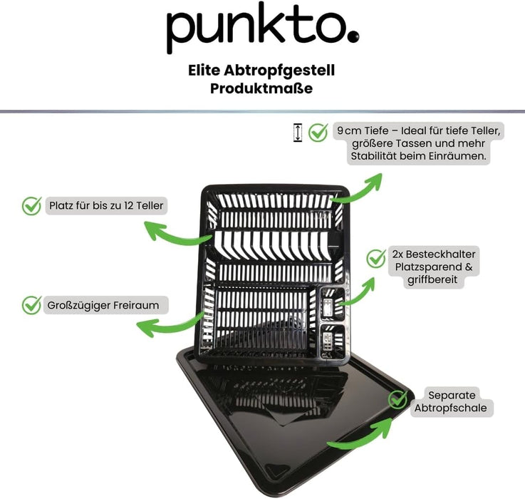 punkto. Elite Abtropfgestell mit Abtropfschale, 46x38x9 cm, BPA-frei & spülmaschinenfest – Schwarz