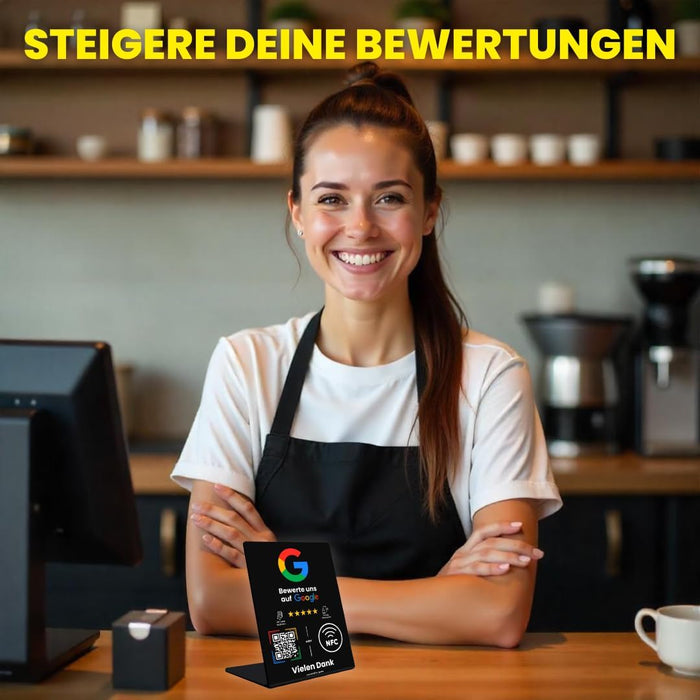 Google Bewertungsständer mit NFC & QR-Code – wir richten ihn für Sie ein