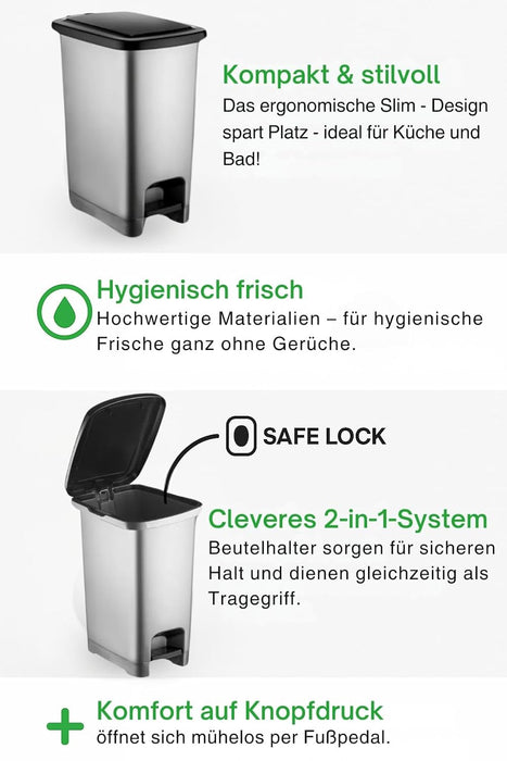 punkto. Tretmülleimer 25 L im Slim-Design, BPA-frei – Anthrazit mit schwarzem Deckel