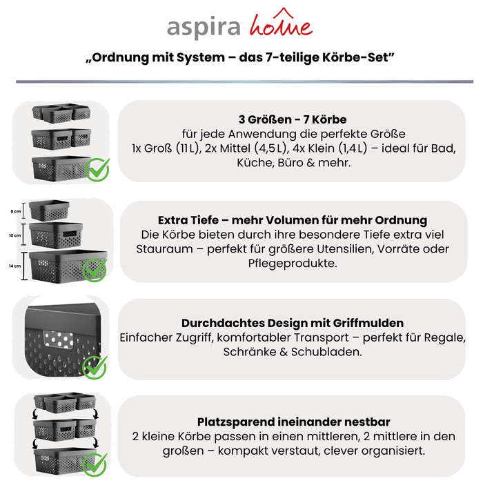 Aufbewahrungskörbe 7er Set aus Kunststoff – BPA-frei, stapelbar & nestbar, für Bad & Küche