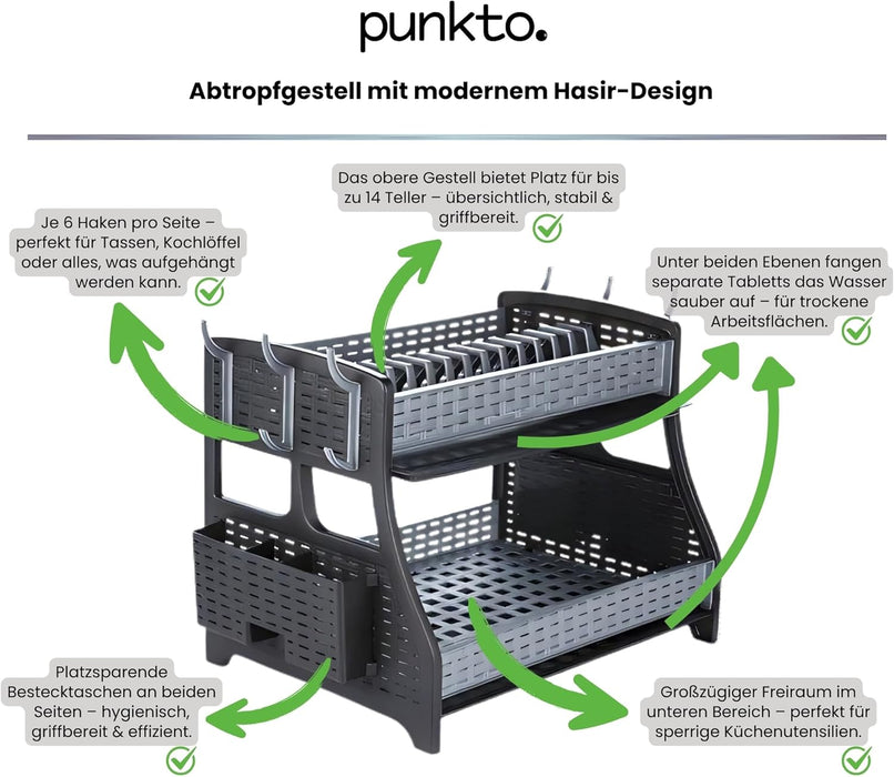 punkto. 2-stöckiges Abtropfgestell im Hasir-Design mit Besteckkorb & 6 Haken, 50x30x34 cm – Anthrazit