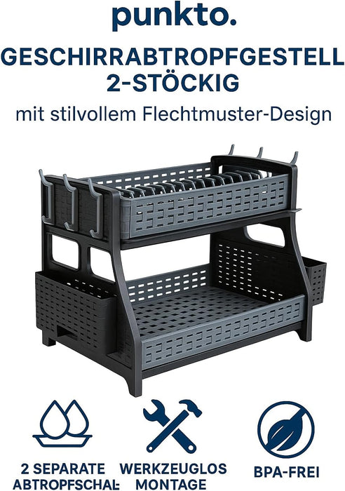 punkto. 2-stöckiges Abtropfgestell im Hasir-Design mit Besteckkorb & 6 Haken, 50x30x34 cm – Anthrazit