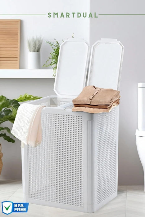 punkto. Smartdual Wäschekorb 84 L mit 2 Kammern & getrennten Deckeln – Weiß