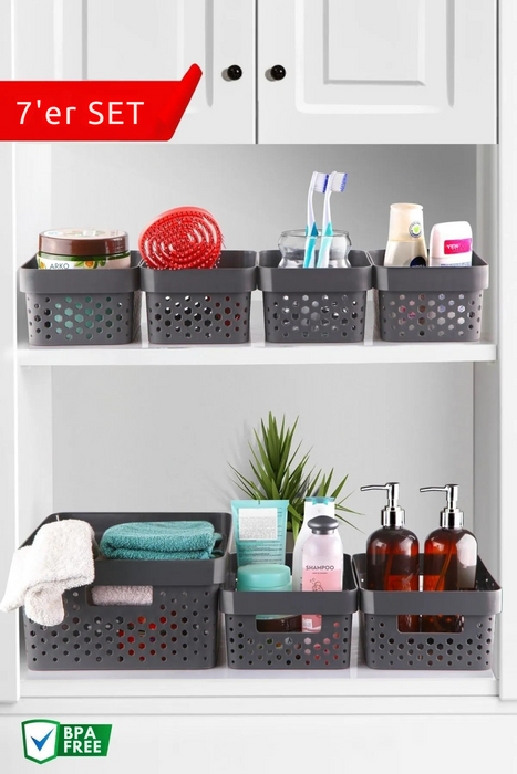 Aufbewahrungskörbe 7er Set aus Kunststoff – BPA-frei, stapelbar & nestbar, für Bad & Küche