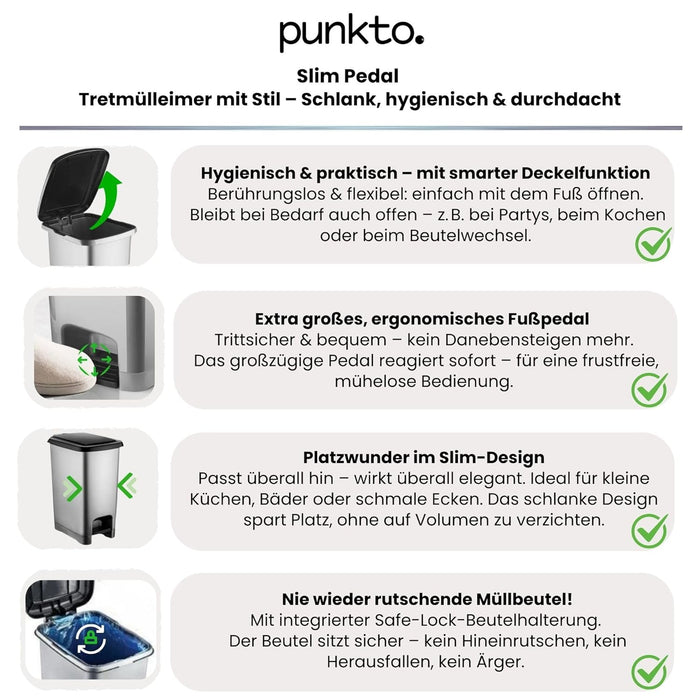 punkto. Tretmülleimer 40 L im Slim-Design, BPA-frei – Anthrazit mit schwarzem Deckel