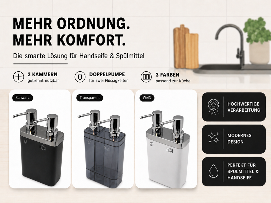 2-in-1 Küchen-Seifenspender mit Schwammhalter – Doppelkammer für Handseife & Spülmittel, 300 + 500 ml