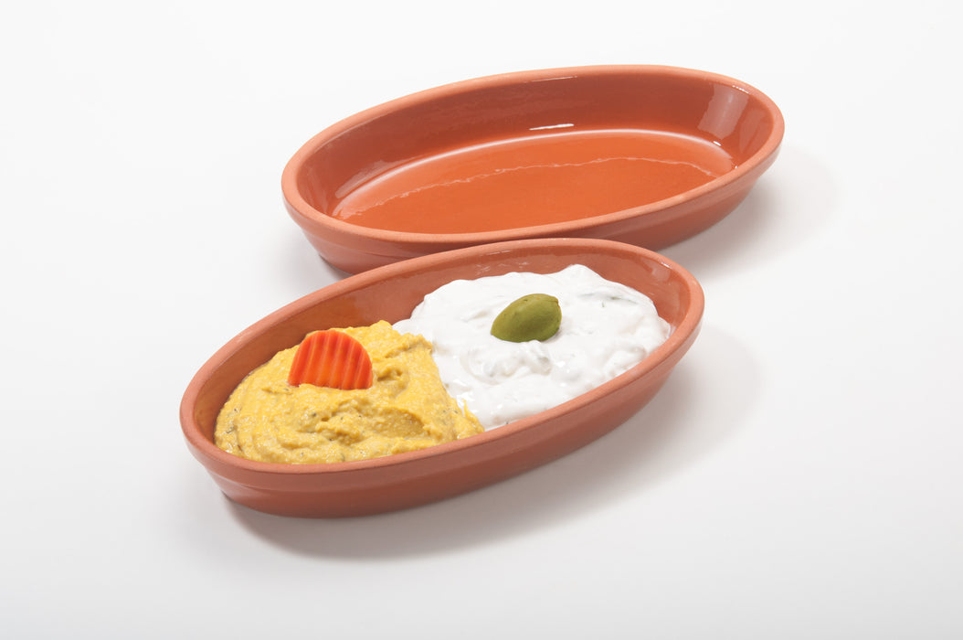 Auflaufform oval aus Ton, 700 ml, 23x13x3,5 cm, glasiert/natur – 4er Set, Handarbeit