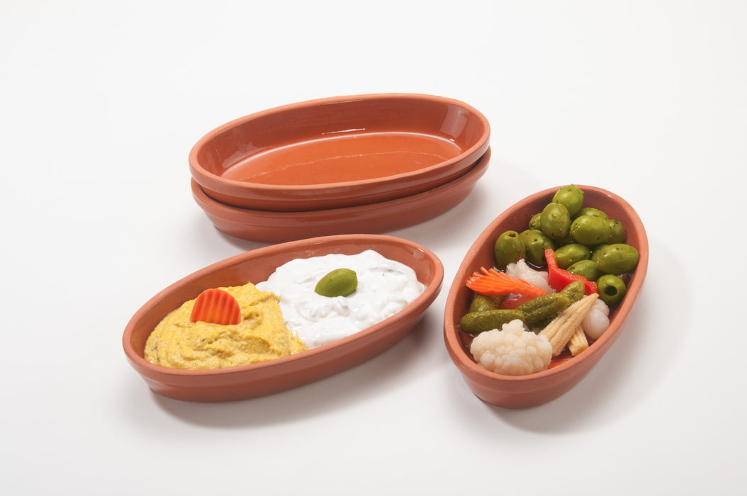Auflaufform oval aus Ton, 700 ml, 23x13x3,5 cm, glasiert/natur – 4er Set, Handarbeit