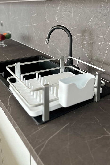 Küchen-Organizer Set 3-teilig – Abtropfgestell, Löffelablage & Schwammhalter, rostfrei, 33×43×15 cm