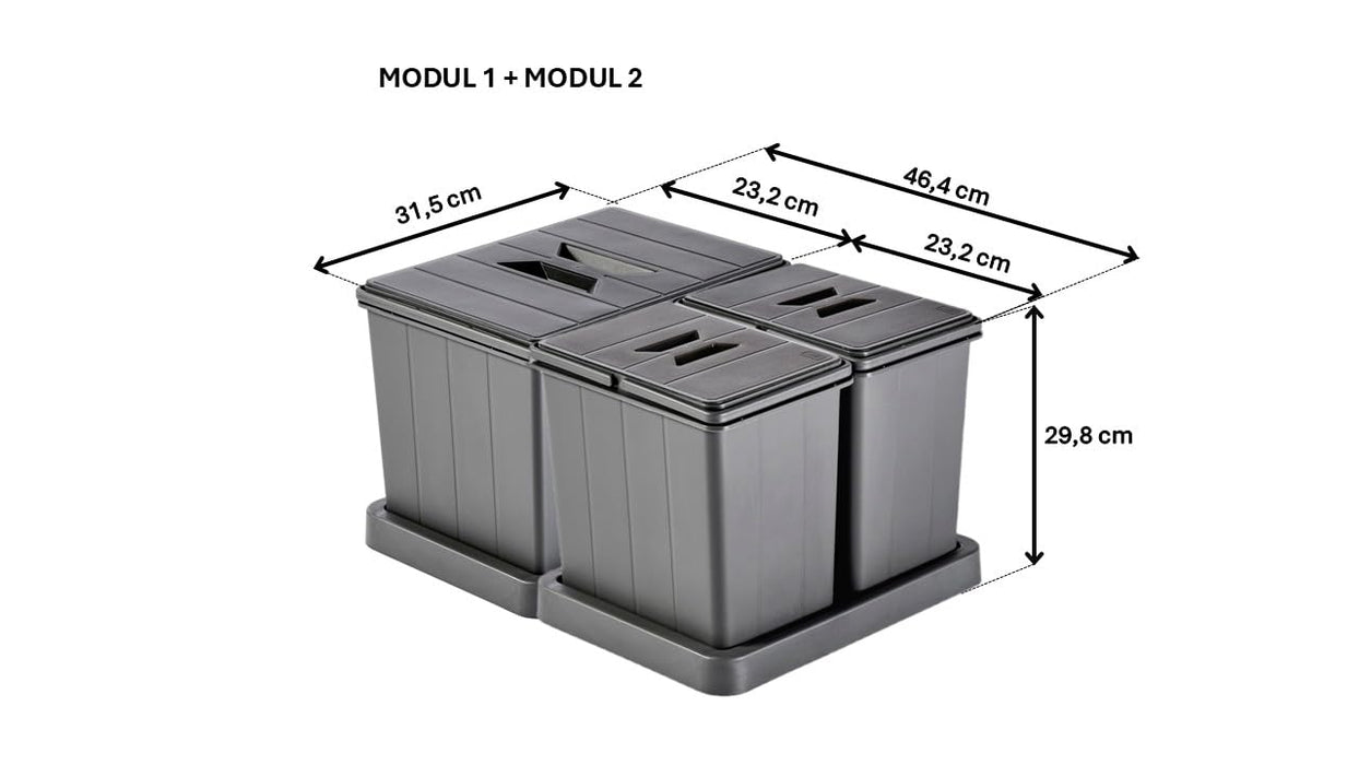 Müllomatic MODUL 1 + MODUL 2 Set – Mülltrennung für Schubladen, 1x 16 L + 2x 7,5 L, Anthrazit