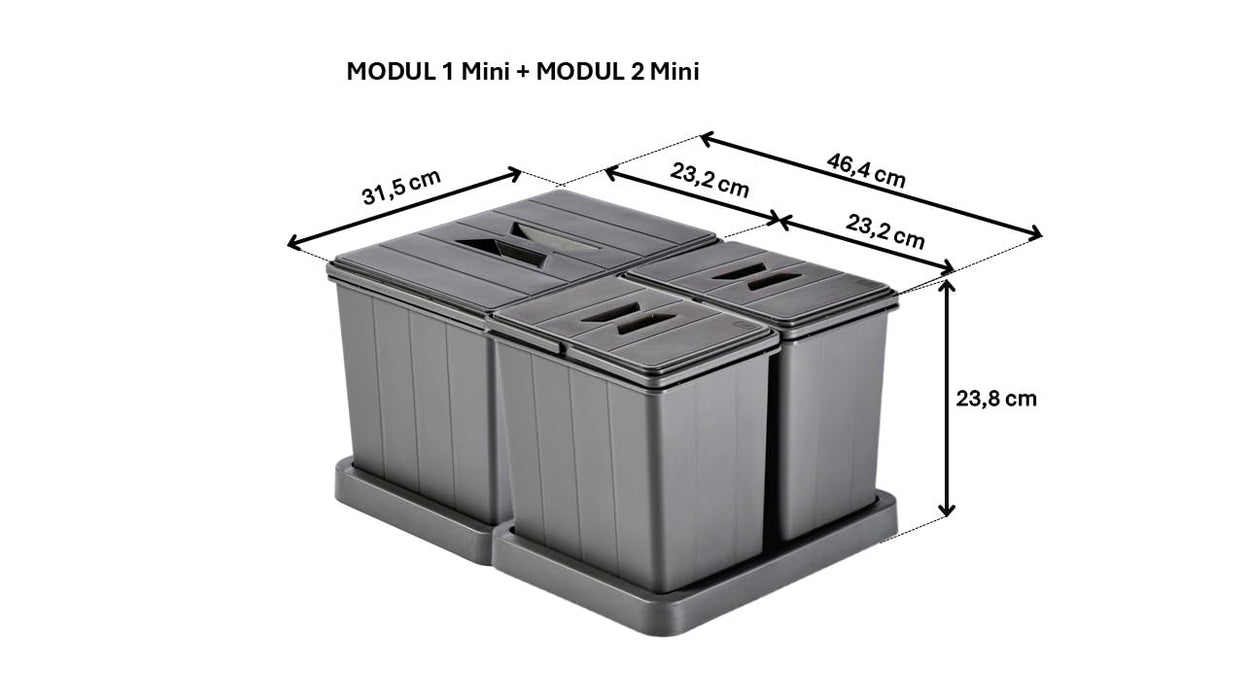 Müllomatic MODUL Mini Set – Mülltrennung für Schubladen, 1x 12 L + 2x 6 L, 238 mm hoch
