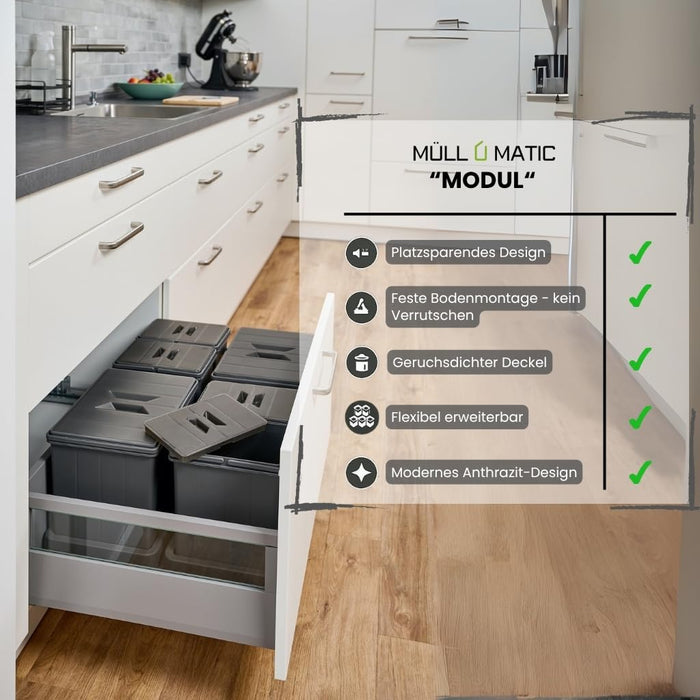 Müllomatic MODUL 1 – modularer Mülleimer für Schubladen, 16 L, 298 mm hoch, Anthrazit