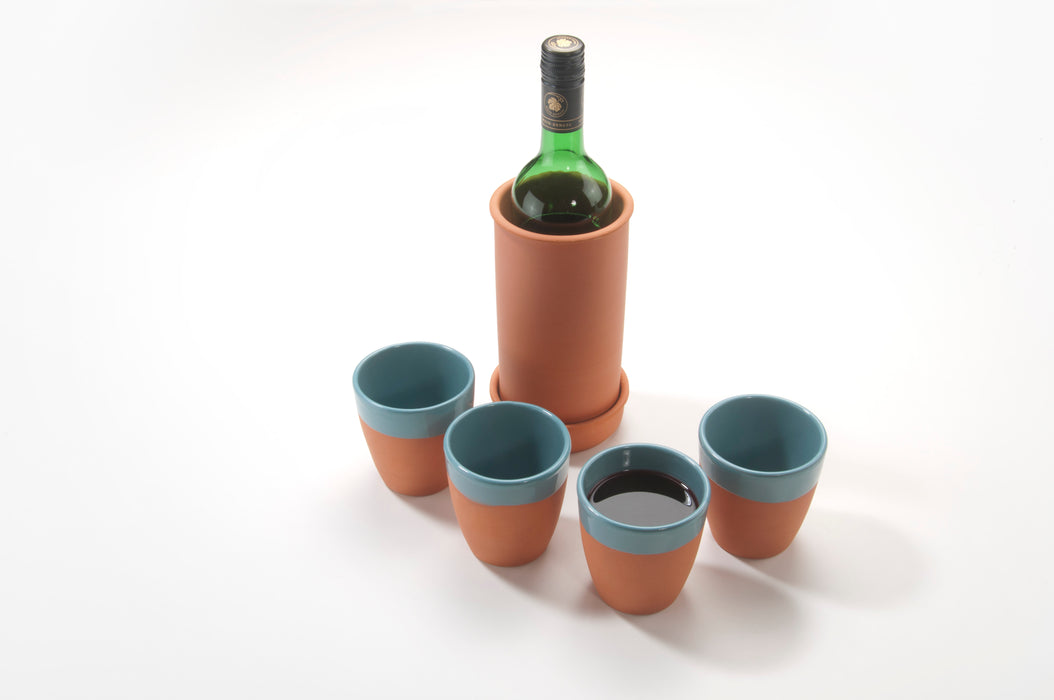 Ton-Flaschenkühler mit 4 Weinbechern à 330 ml, Türkis – handgemacht