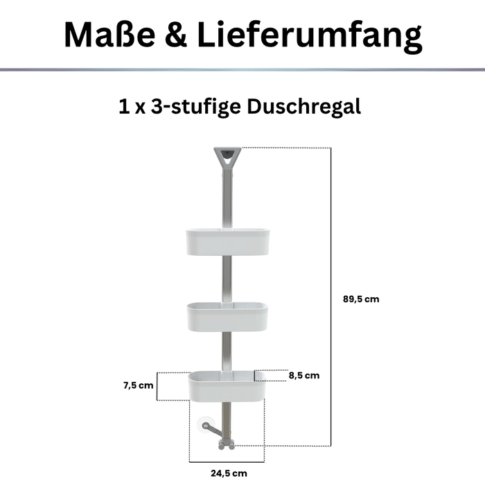 Duschregal 3-stufig ohne Bohren – verstellbare Ablagen, Rasiererhalter & Haken, Weiß oder Transparent