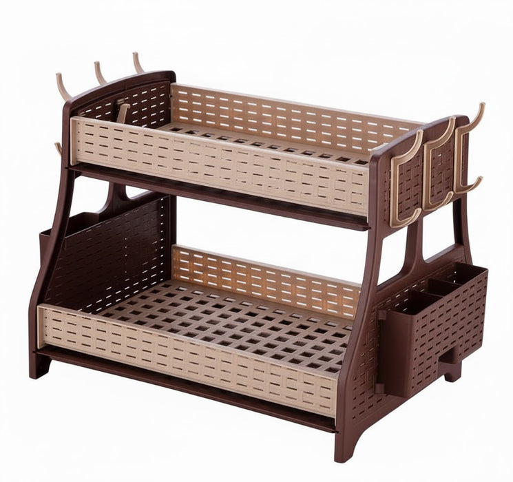 punkto. 2-stöckiges Abtropfgestell im Hasir-Design mit Besteckkorb & 6 Haken, 50x30x34 cm – Braun