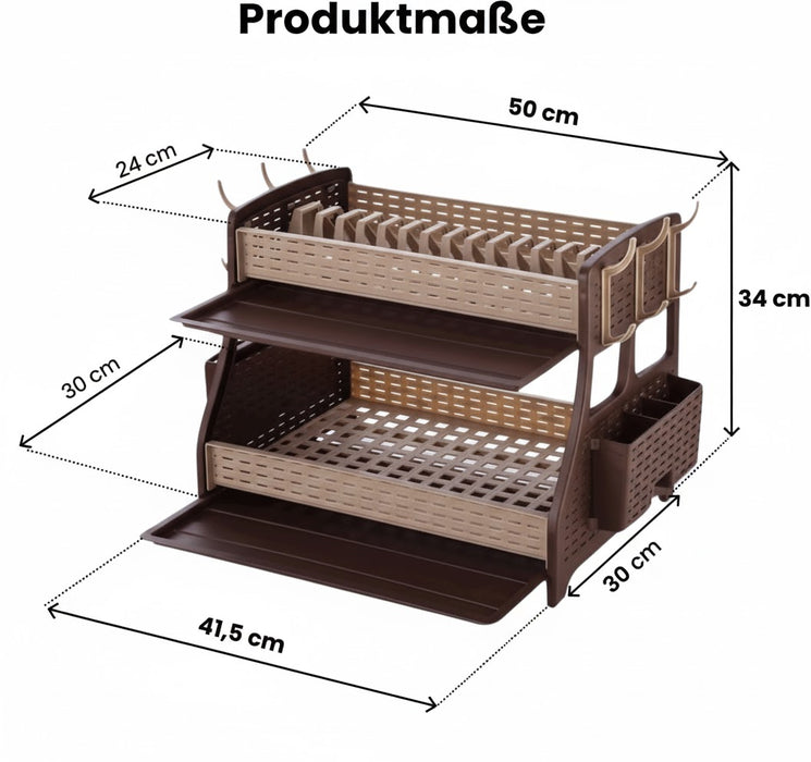 punkto. 2-stöckiges Abtropfgestell im Hasir-Design mit Besteckkorb & 6 Haken, 50x30x34 cm – Braun